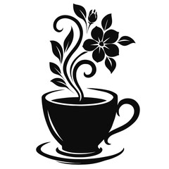 Black cup with floral design and decorative elements inside