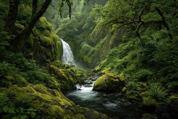 Fototapeta premium Lush waterfall cascading through a verdant valley