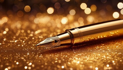gold pen is lying on a glittering background evoking creativity inspiration and storytelling