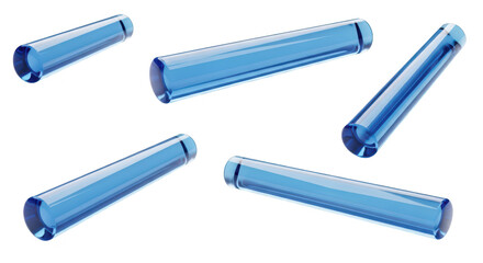 Blue glass cylinders scattered on a white surface reflecting light suitable for abstract scientific or illustrative use
