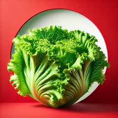An illustration of a fresh head of lettuce with crisp, ruffled green leaves, placed against a bold red background