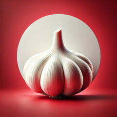An illustration of  fresh garlic bulb with smooth, slightly papery white skin and a few cloves subtly visible beneath, placed against a bold red background
