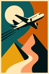 Airplane flying over colorful mountains and sun in abstract design  