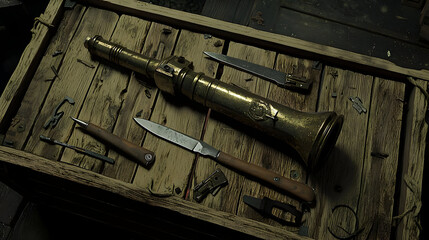 Antique Brass Telescope And Tools On Wooden Tray