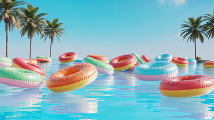 Colorful Inflatable Pool Floats in Tropical Paradise Water