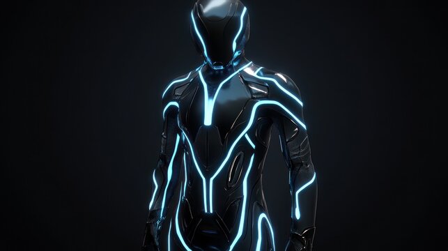 Sleek figure in dark futuristic suit with glowing blue lines, centered