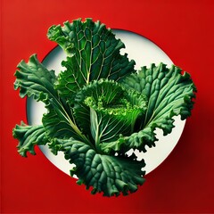 An illustration of fresh mustard greens with ruffled, deep green leaves and delicate veins, placed against a bold red background