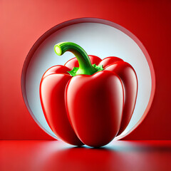 An illustration of a fresh red bell pepper with a glossy surface and green stem, placed against a bold red background