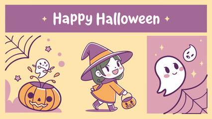 Happy Halloween Horizontal Banner with Cute Cartoon Vector Characters and Decorations