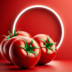 An illustration of fresh red tomatoes with smooth, shiny skin and green stems, placed against a bold red background