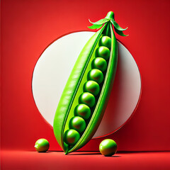 An illustration of fresh green peas in an open pod, revealing smooth, round peas inside, placed against a bold red background