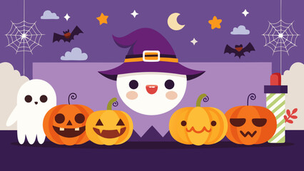 Happy Halloween Horizontal Banner with Cute Vector Cartoon Elements