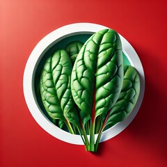 An illustration of fresh spinach leaves with a rich green color and delicate veins, placed against a bold red background