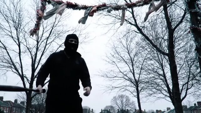 A silhouetted figure swings a blunt object, possibly a bat, towards a festive garland hanging amidst bare winter trees.