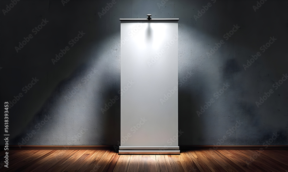 Poster a minimalist white panel illuminated by a single light source against a dark backdrop, showcasing a 