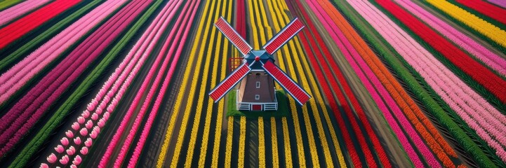 Aerial View of Colorful Tulip Fields with Windmill in the Netherlands Countryside