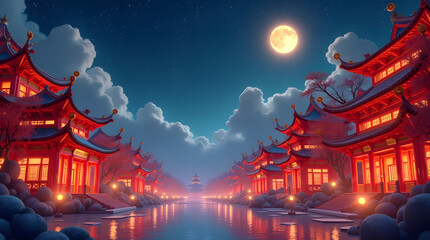 Night themed Mooncake festival banner illustration. To commemorate and celebrate the end of the autumn harvest ambience with Red Chinese building and moon with starry night as background.