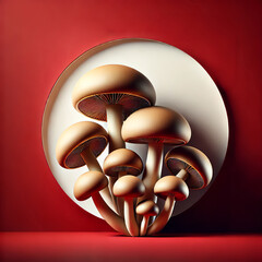 An illustration of fresh mushrooms with smooth, rounded caps and short stems, placed against a bold red background