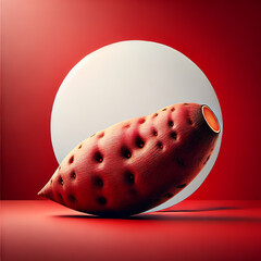 An illustration of fresh sweet potatoes with smooth, reddish-brown skin and an organic, slightly irregular shape, placed against a bold red background