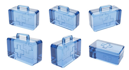 Various transparent blue first aid kits isolated on a white backdrop showcasing multiple angles Ideal for healthcare or medical infographics