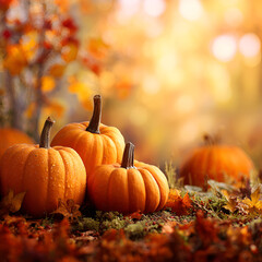 Festive orange pumpkins clustered together in soft glowing autumn light, perfect for Thanksgiving harvest, rustic seasonal decor, cozy food visuals, fall celebration backgrounds, and natural scenes