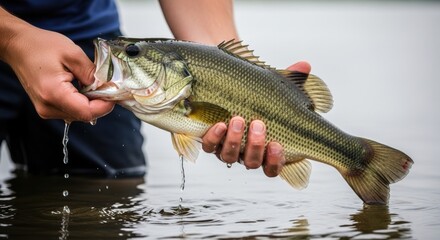 Obraz premium Caucasian male holding large bass fish in water with bare hands