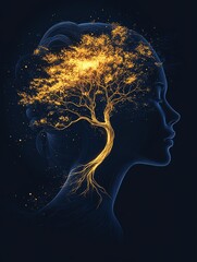 Minimalist blue line drawing of a female head silhouette with a luminous yellow tree inside symbolizing inner growth