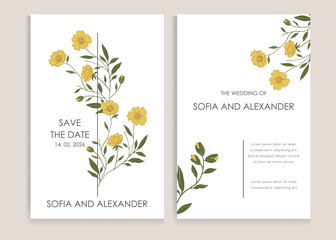 Name wedding invitation with yellow wildflowers Vector design