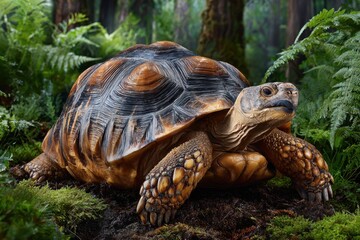 Obraz premium Large tortoise crawling on mossy ground in a lush green forest environment during daylight hours