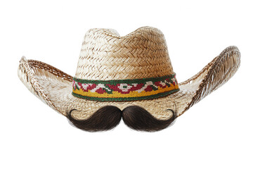 Straw sombrero hat with decorative band and mustache isolated on transparent background