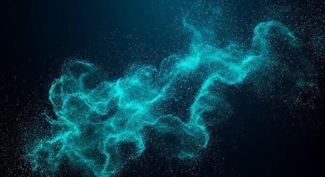 Abstract swirling particles of teal light on a dark blue background - Powered by Adobe
