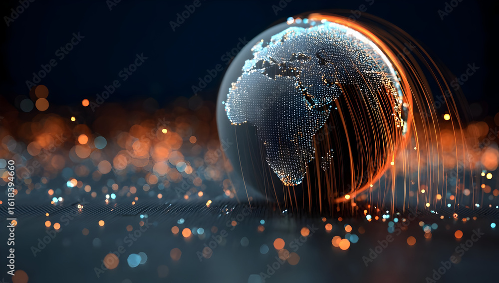 Poster a stunning digital depiction of earth, highlighted by glowing lines and particles, representing conn