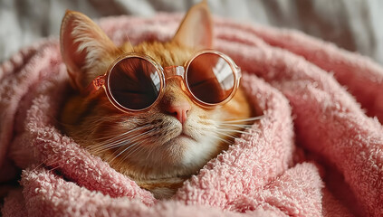 A stylish cat wrapped in a cozy pink blanket, wearing trendy sunglasses, embodies relaxation and charm, showcasing a humorous side of pet life.