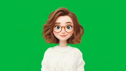 A cheerful animated woman character with glasses on green screen - Powered by Adobe