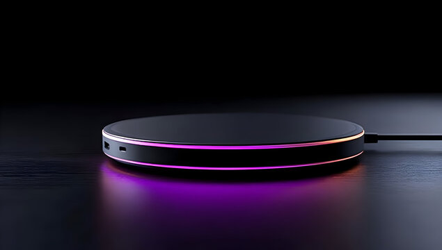 A sleek wireless charger glowing with colorful lights, blending modern design and functionality for charging devices efficiently.