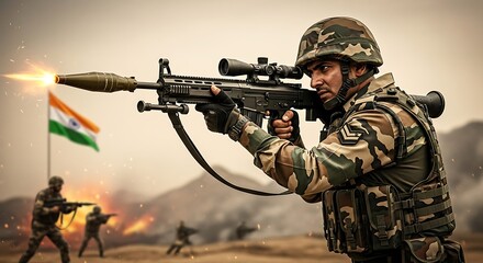 Indian Soldier Fires Rocket Launcher During Combat with National Flag in Background