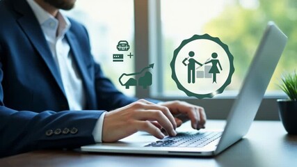 Cash flow management and financial analysis concept. Businessman using laptop with icons and doodles representing cash flow, financial management, budgeting, business growth, money technology,. - Powered by Adobe