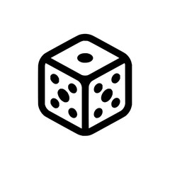 Illustration of a single six sided die with rounded edges and black pips on a white background view
