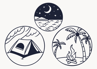 Icon Set Inspired by Beach Camping with Tents, Campfire, Palm Trees, Ocean, Moon, and Stars