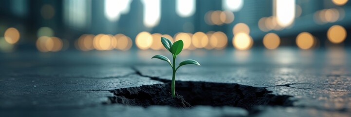 Resilience A Small Plant Growing Through Cracked Pavement in Urban Setting
