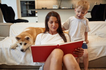 Big red covered book in hands, reading. Mother with son and Shibu Inu dog are at home