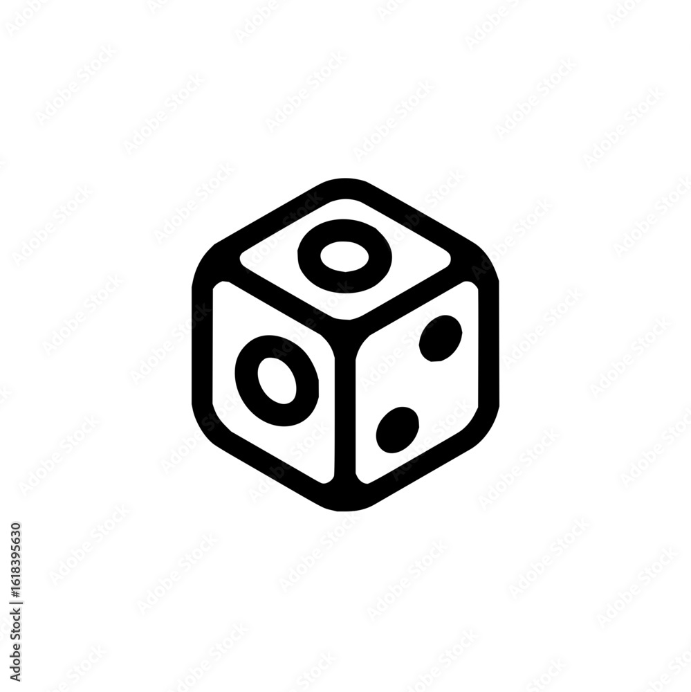 Poster outline drawing of a white die with black dots showing one two and one on the visible faces of the d