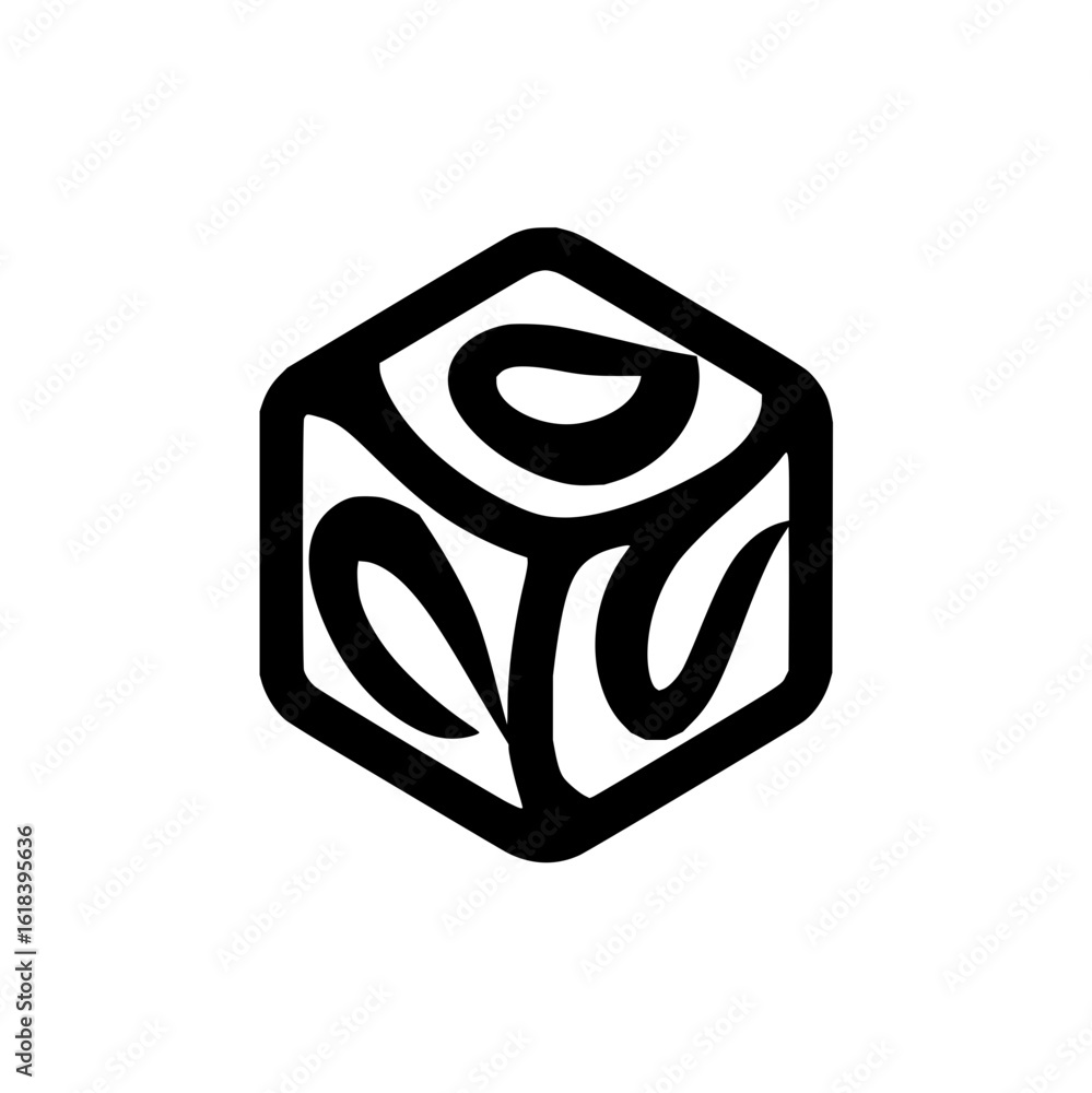 Poster stylized black hexagon containing abstract swirling shapes on a white background in a simple design