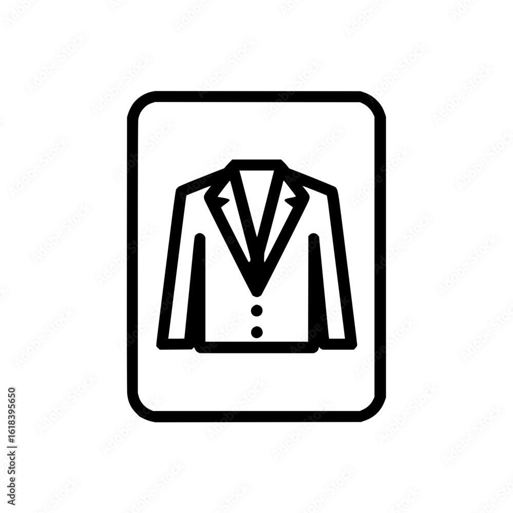 Poster illustration of a suit jacket with two buttons inside a rounded rectangle frame in black and white c