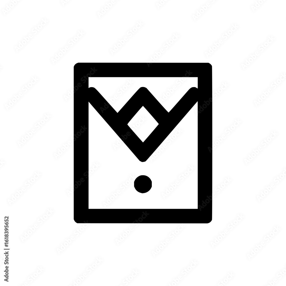 Poster a black outline of a rectangle containing a diamond shape with a v shape above a circle on white bac