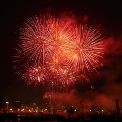 Fireworks show starting with giant red bursts