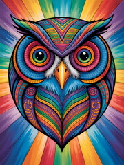 Psychedelic Owl Face in Vibrant Rainbow Colors