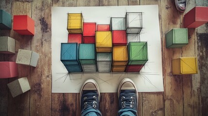 Geometric composition of colorful cubic blocks arranged on paper with perspective view, showcasing creative spatial design and visual perception from first-person perspective