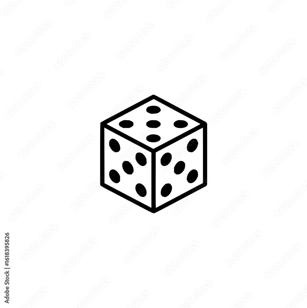 Poster a simple black and white illustration of a six sided die with dots showing the numbers on each visib