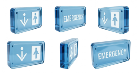 Various angles of blue glass elevator emergency buttons on a white background highlighting safety and accessibility applications